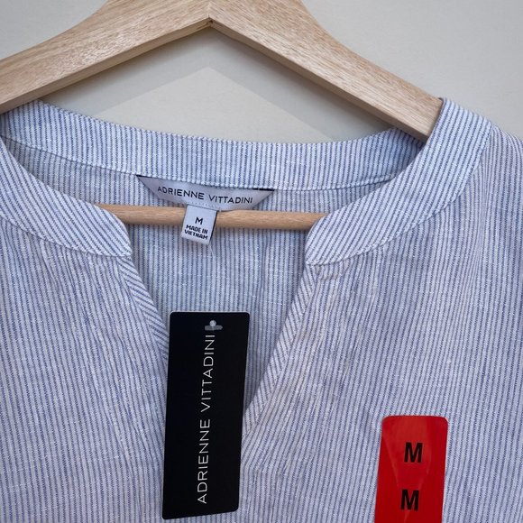 Adrienne Vittadini 100% Linen Blue White Striped Chambray Cap Sleeve Top Size M - Picture 8 of 14